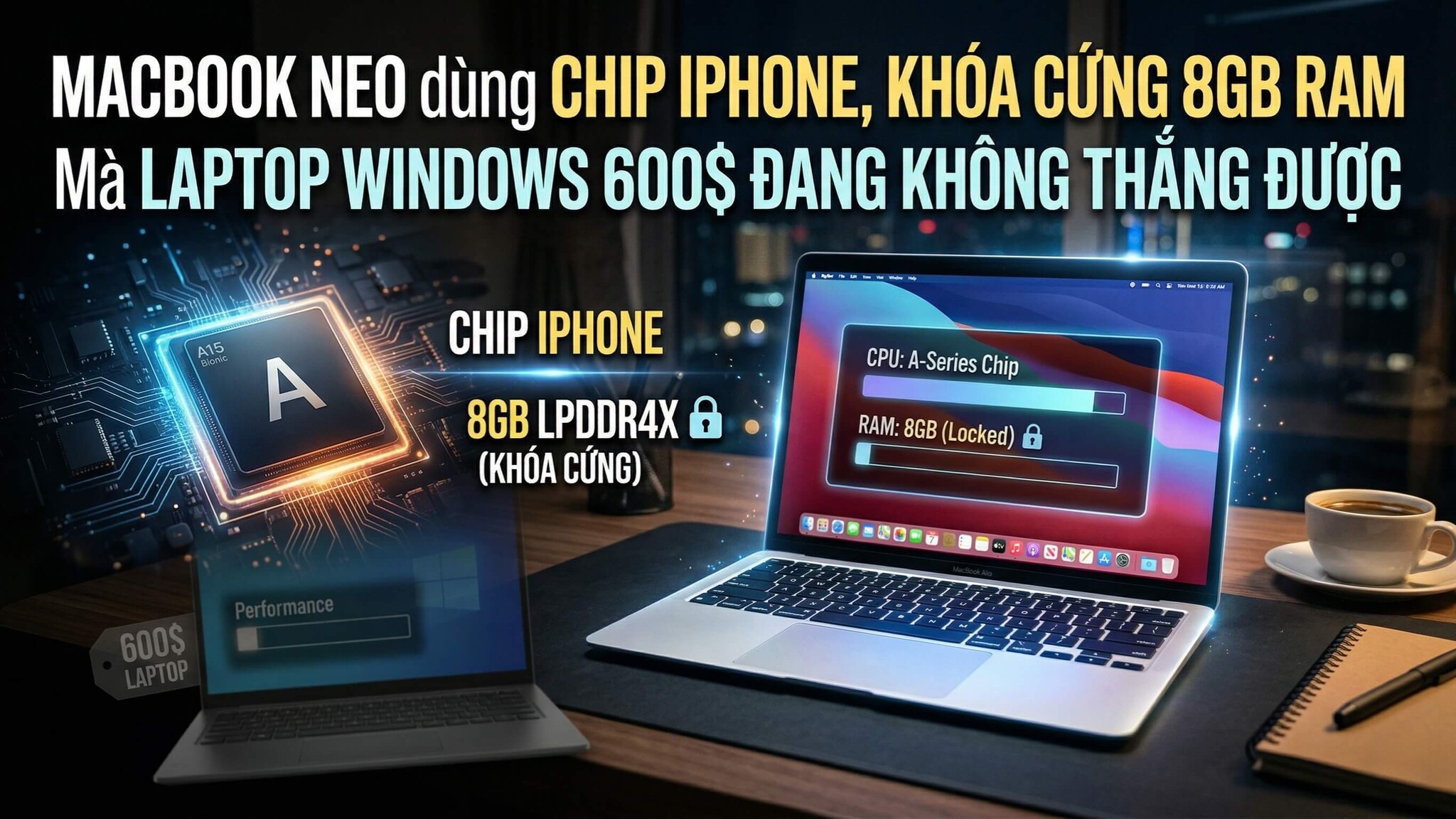 MacBook Neo dùng chip iphone, khóa cứng 8GB RAM — mà laptop Windows 600 đô đang không thắng được