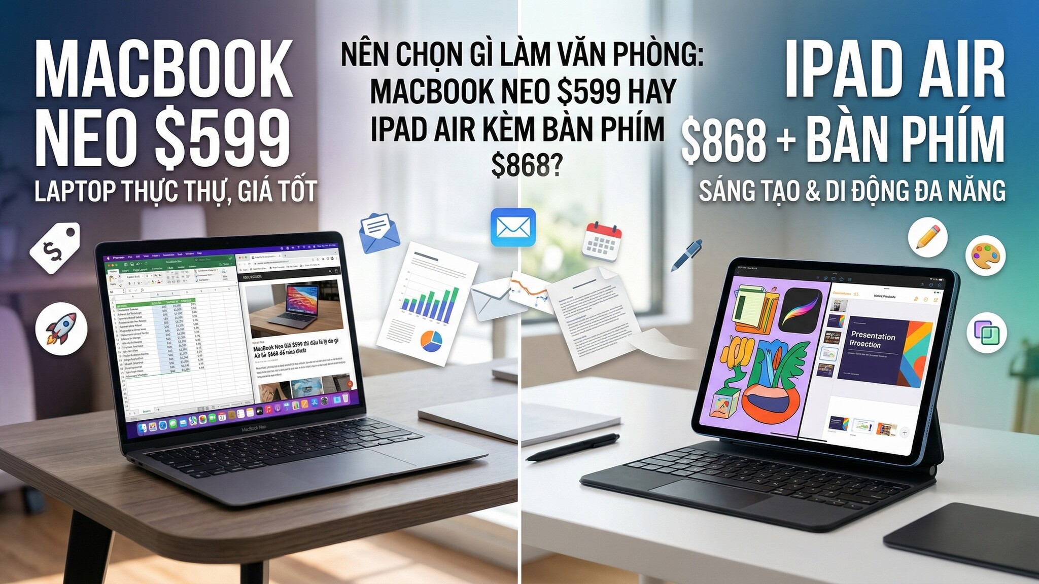 MacBook Neo Giá $599 thì đâu là lý do gì để bỏ $868 để mua iPad Air kèm bàn phím làm văn phòng?