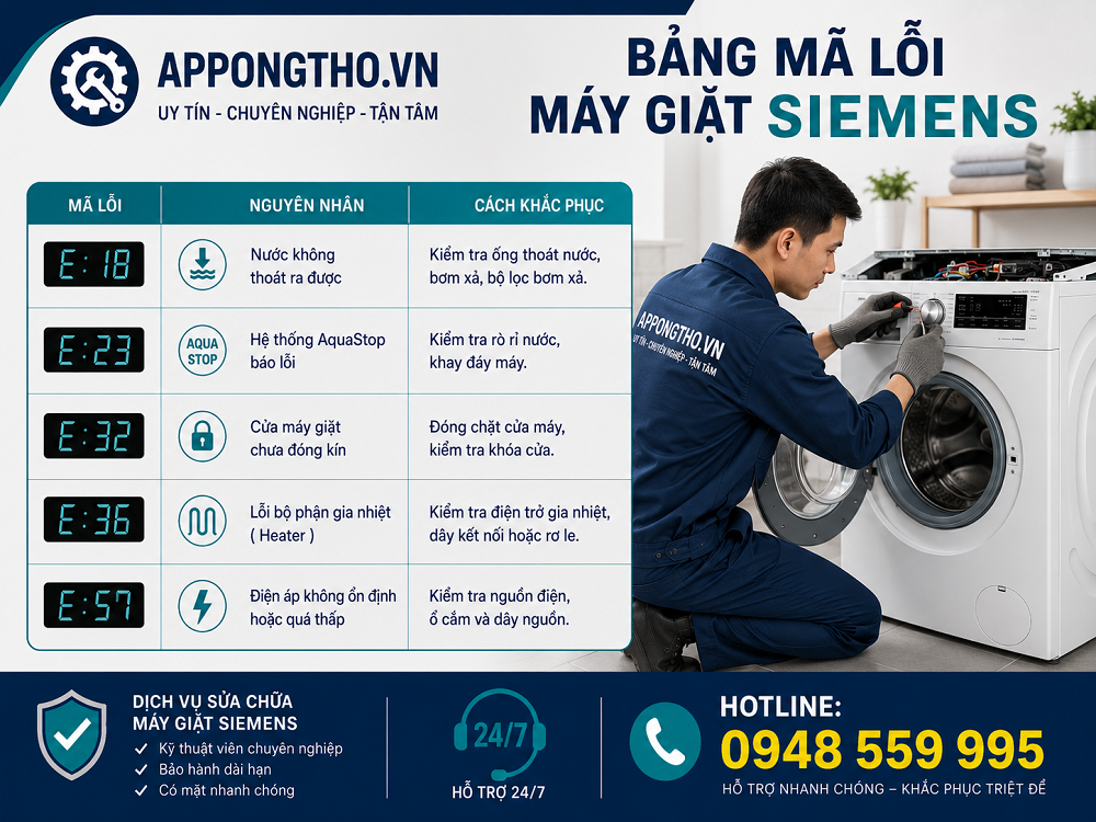 Cách tự sửa 15 mã lỗi máy giặt Siemens cùng App Ong Thợ