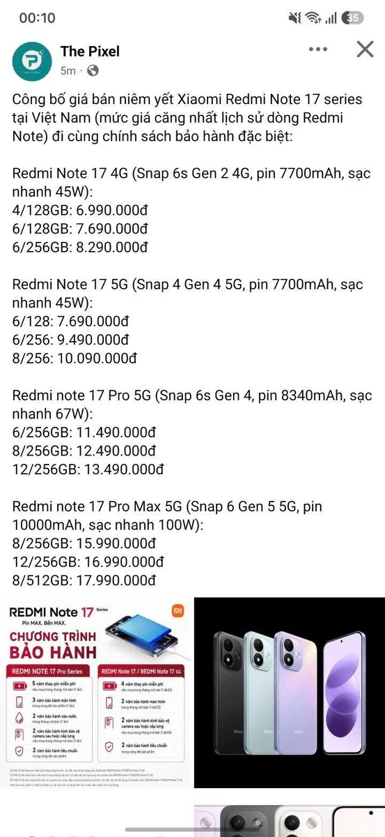 Giá bán Xiaomi Redmi Note 17 series tại VN đây nhé anh chị em!