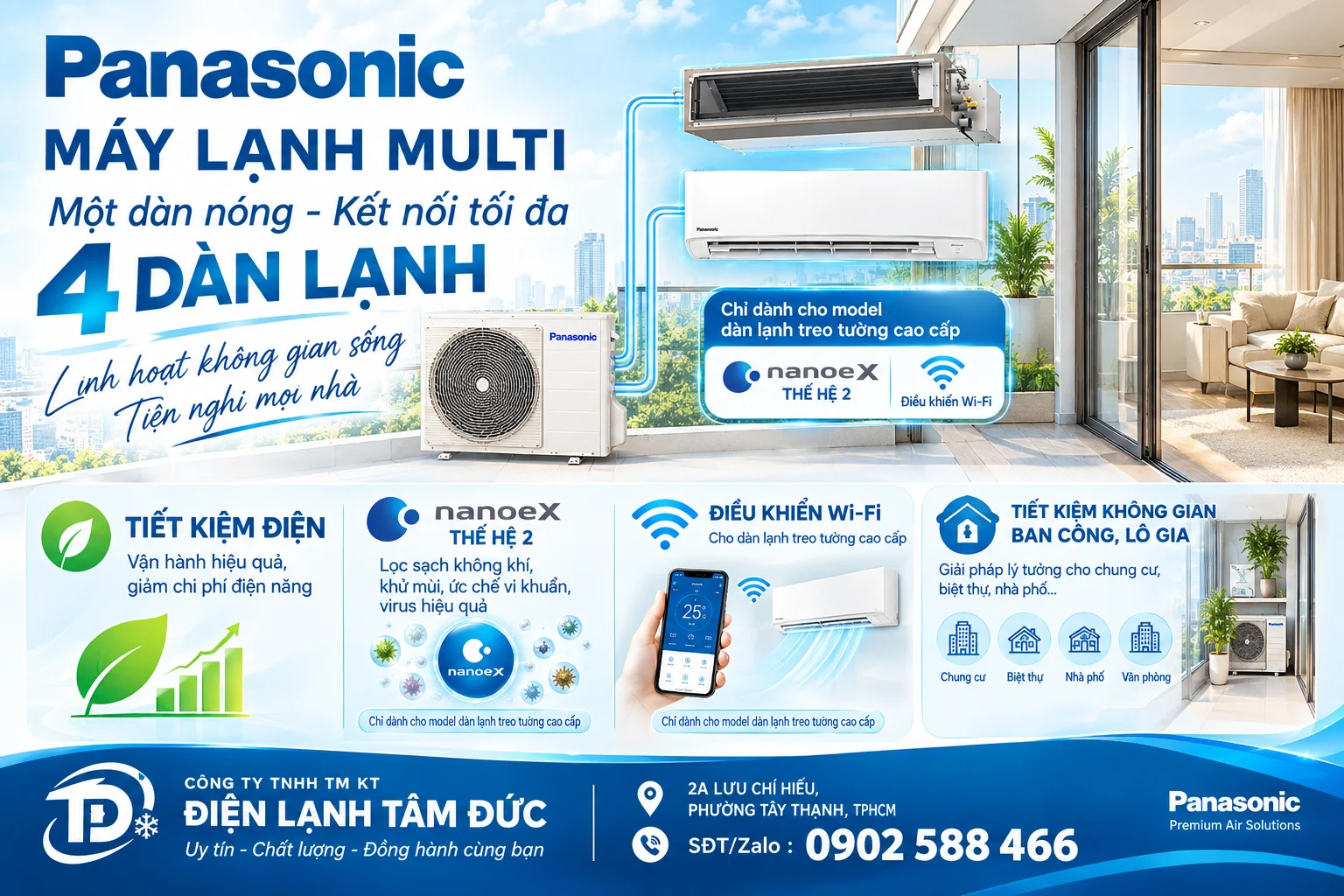 Lắp đặt máy lạnh Multi Panasonic-1 Dàn nóng liên kết tối đa 4 dàn lạnh-Bảo hành chính hãng-Giá tốt
