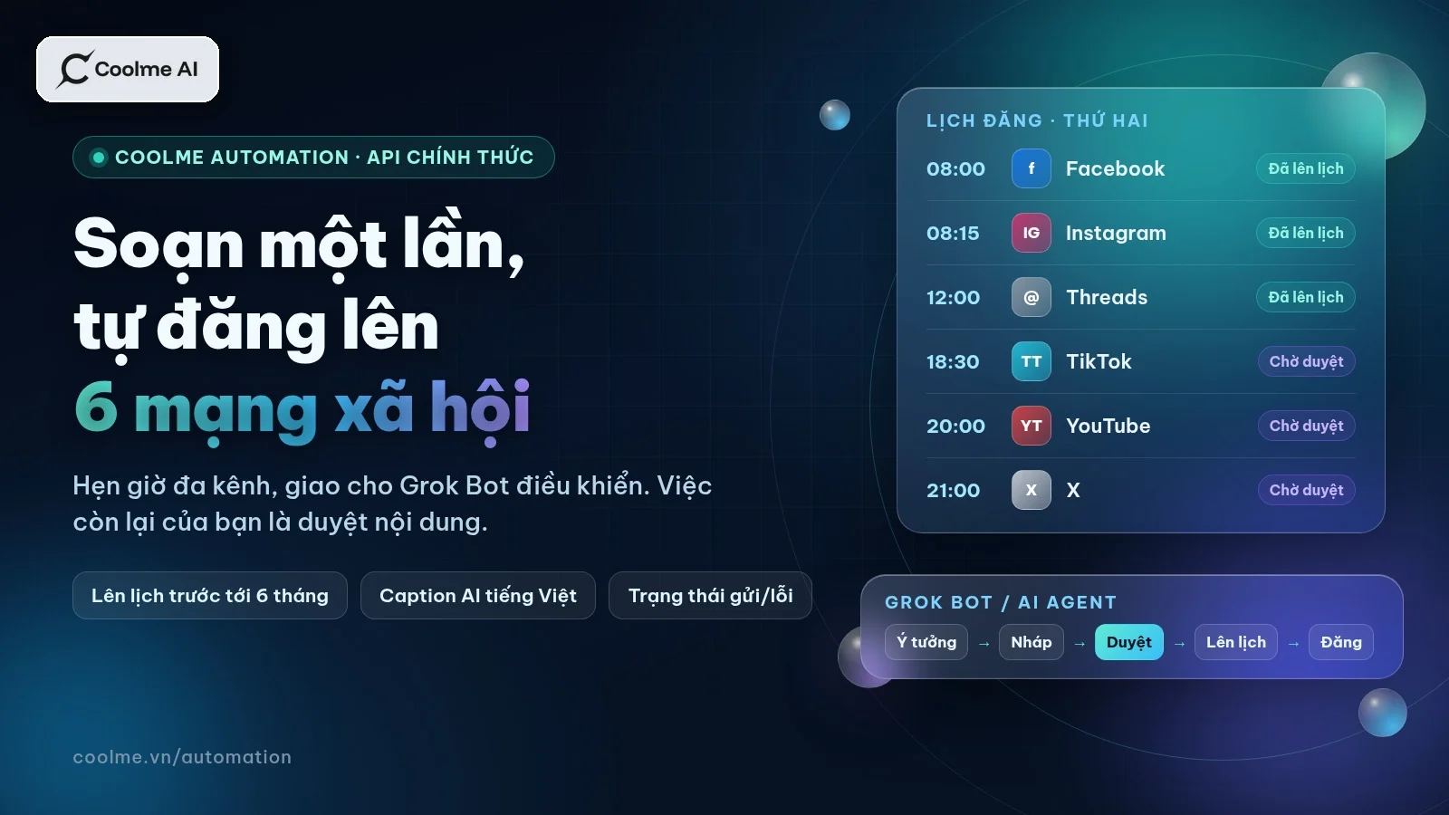 CoolMe Automation: soạn bài một lần, hẹn giờ đăng lên 6 mạng xã hội và giao cho Grok Bot điều khiển