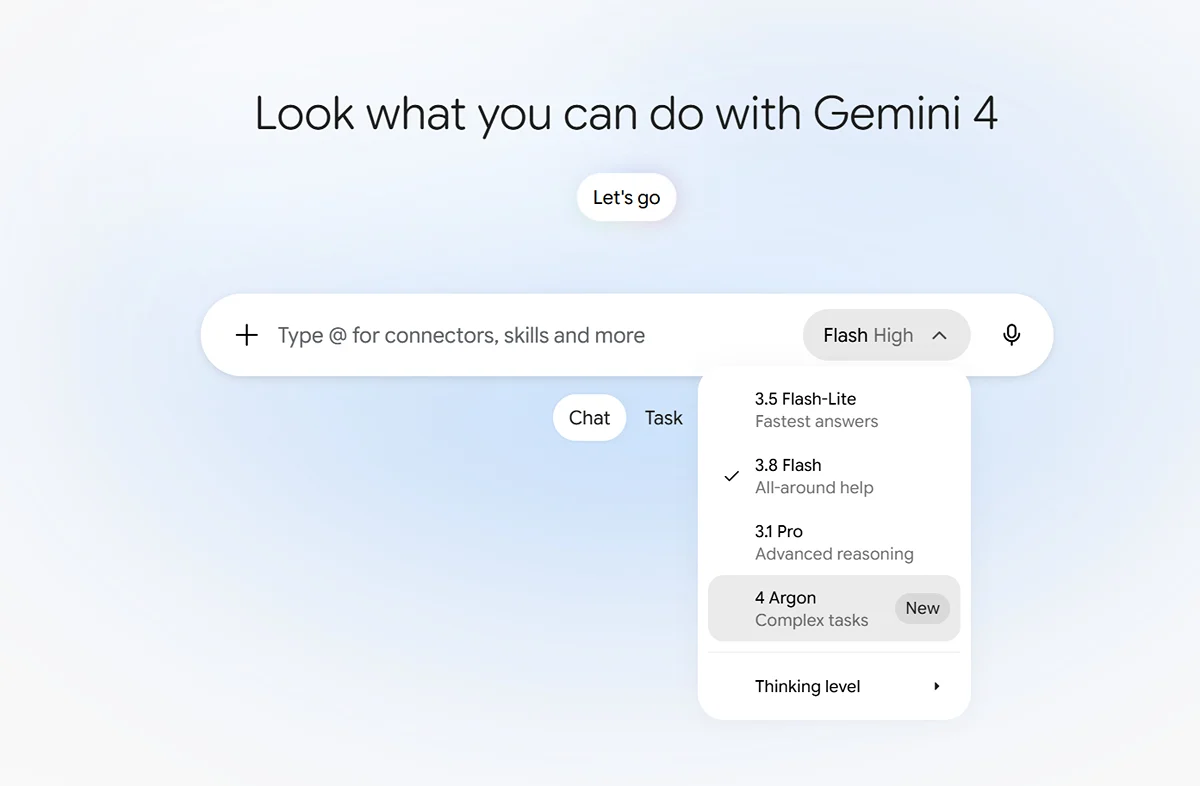 Model Gemini 4 Argon đã có cho anh em dùng gói Google AI Pro rồi nha, mời anh em thử