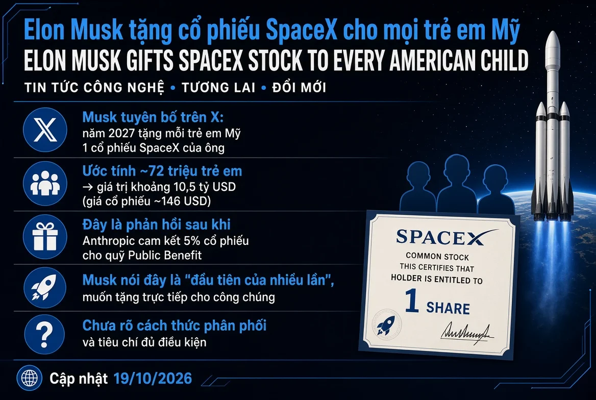 Elon Musk nói sẽ phát chổ phiếu SpaceX cho toàn bộ trẻ em Mỹ... đỉnh
