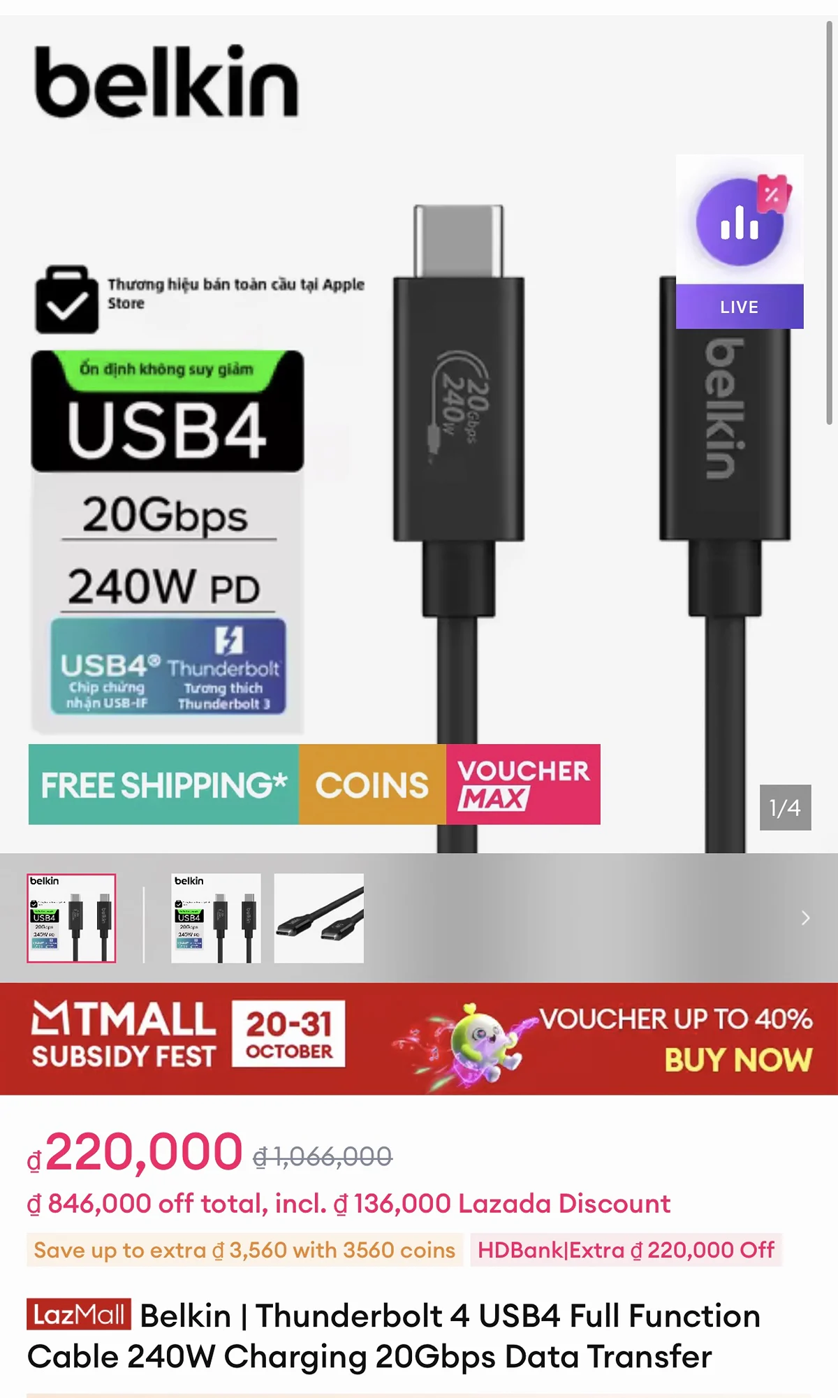 BELKIN THUNDERBOLD 4 GIÁ 220K
