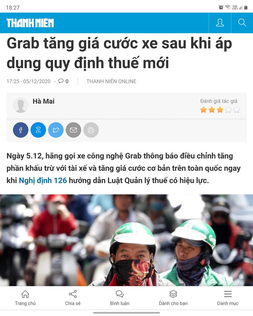 Grab tăng giá cước khi áp dụng quy định thuế mới
